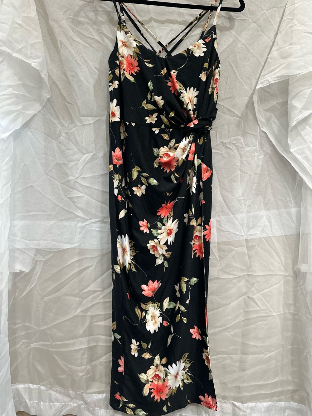 nine britton Black Midi Dress with Coral & Ivory Floral Print, Criss Cross Back